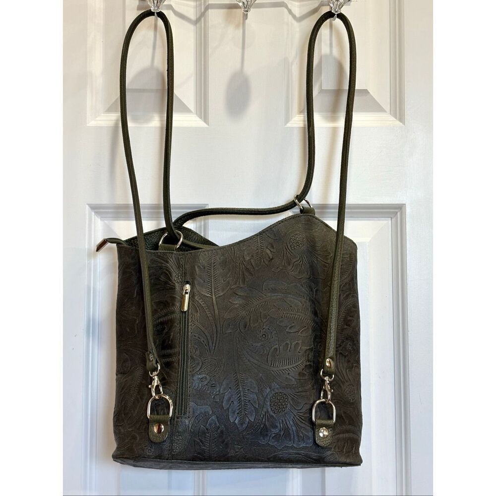 SOLO PERCHE - 🎉HP🎉NWOT "Varese" Tooled Leather Shoulder-to-Backpack/Olive Green - Picture 3 of 16